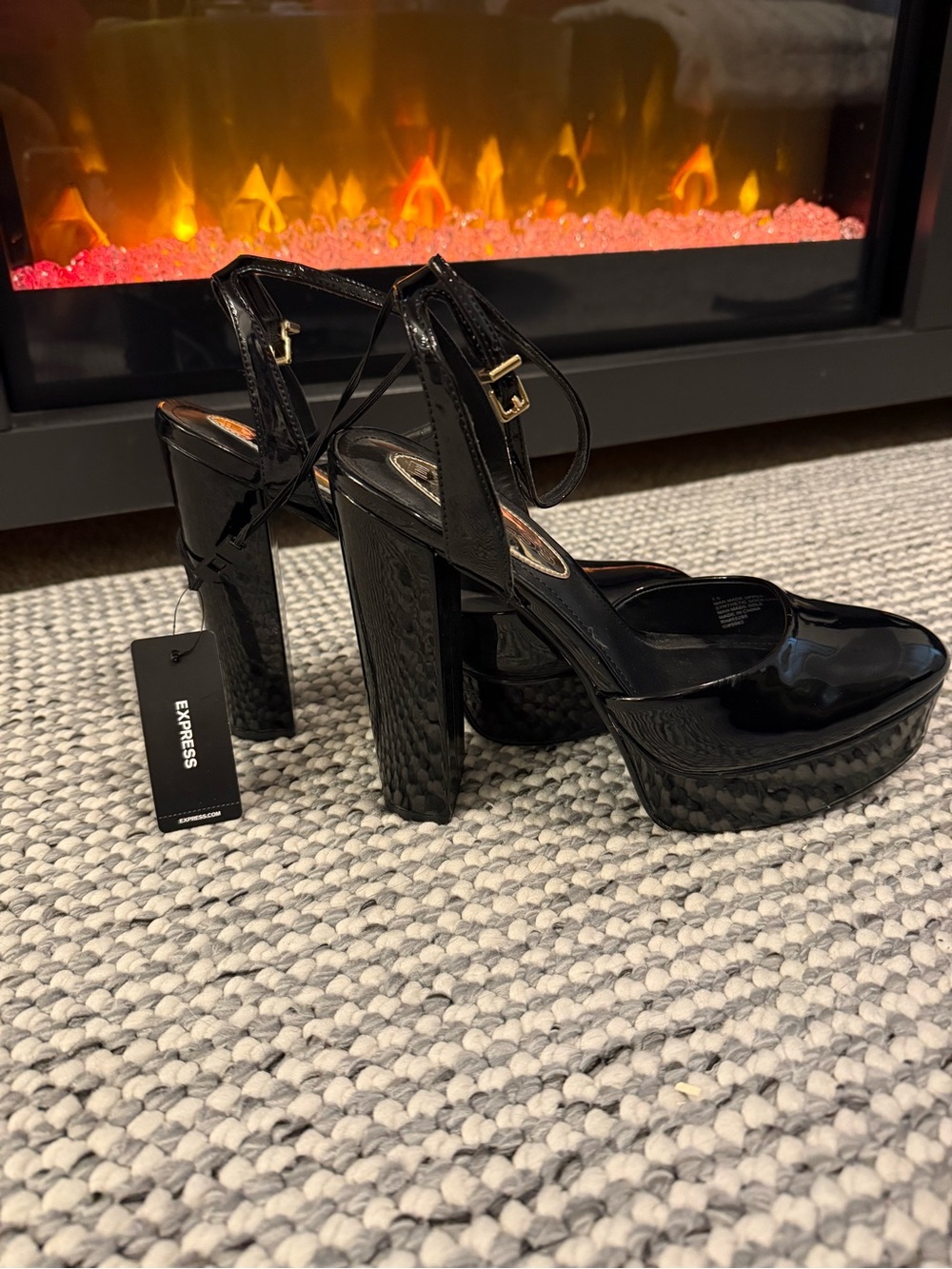 Express Black Patent Platform Block Heels with Ankle Strap
